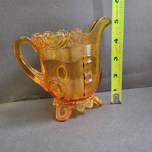 Antique Indiana Amber Dewey Depression Glass Pitcher With Floral & Geometric Des - Picture 8 of 10